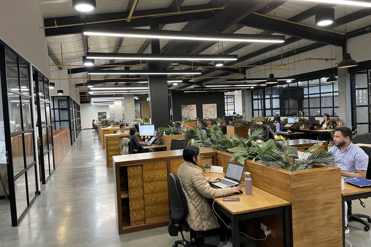 A buyer working at her desk on the purchasing row in Medellín.